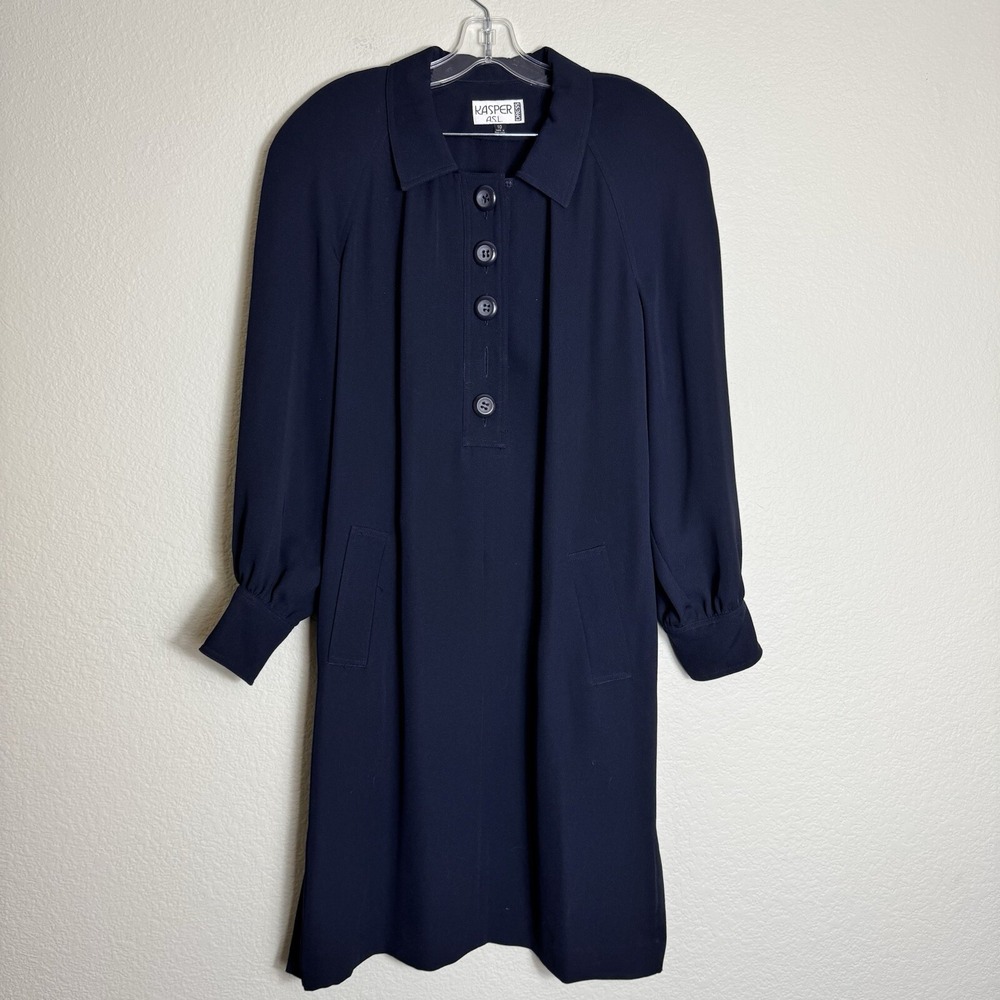 Kasper Women's Dress Navy Size 10 Long Sleeve Shoulder Pads Shoulder Pads *READ - Picture 1 of 9